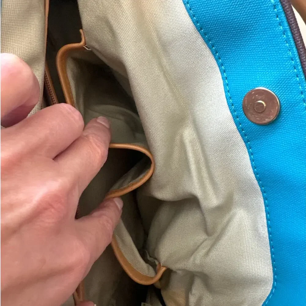 Tory Burch Jaden Tote Blue Canvas Coconut Tan Leather Shopper Bag
